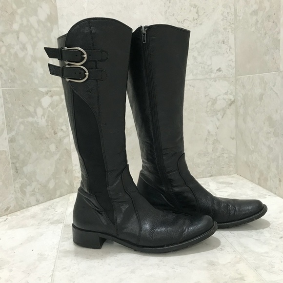 PAUL GREEN {5} Black Leather Boots Knee-High Buckles Stacked Heel - Picture 4 of 7